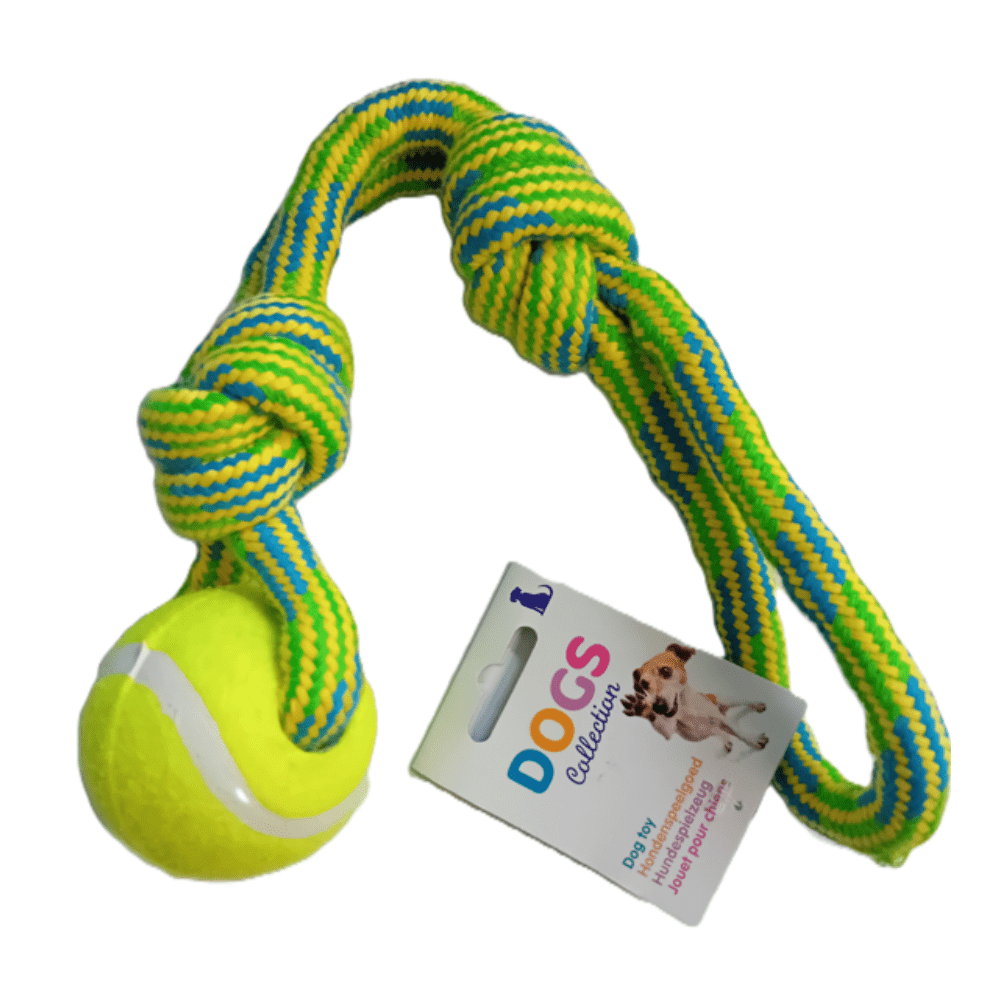 Dogs Collection - Tug Rope with Tennis Ball - Green/Yellow/Blue - 38cm