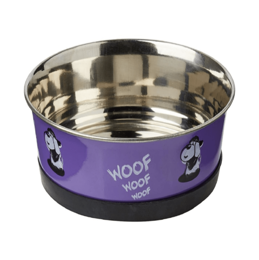 Nobby - Heavy Woof - Stainless Steel Non-Slip Bowl - Lilac with Dog