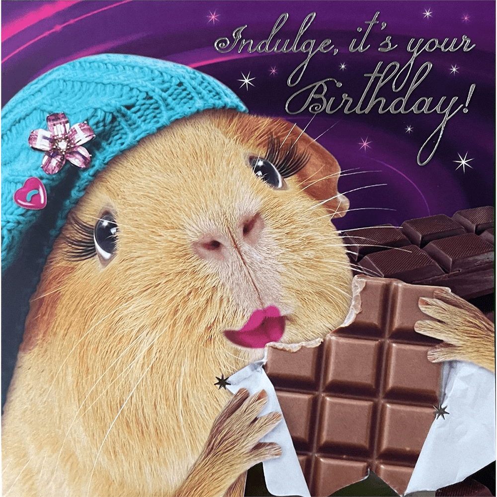 Kartka urodzinowa - Rozkoszuj się urodzinami - Świnka morska i czekolada